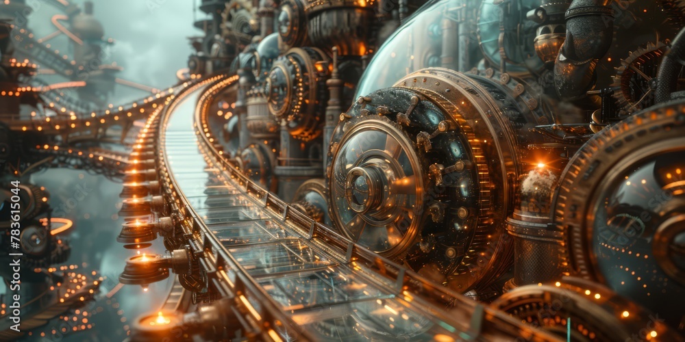 Fototapeta premium Floating glass walkway winding through a surreal factory filled with gold clockwork gears