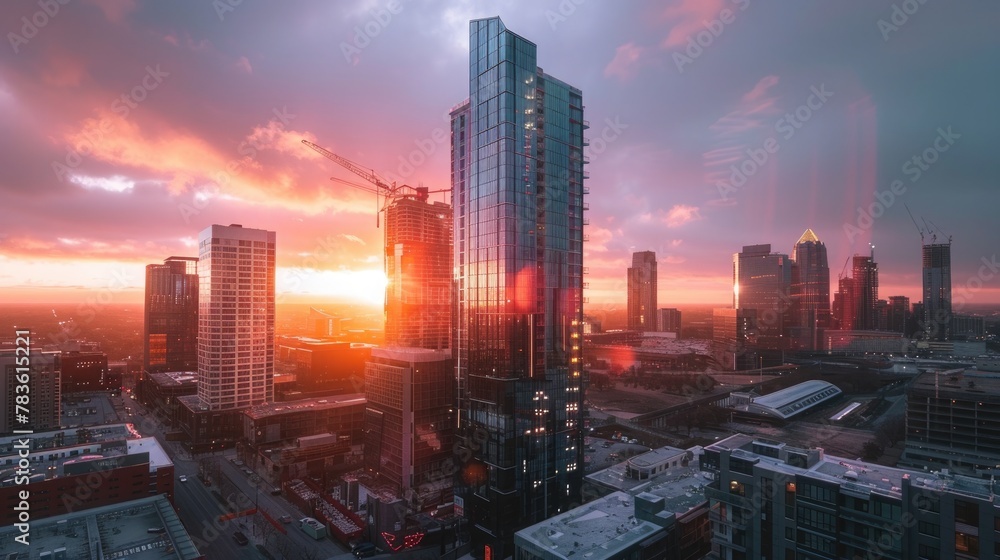 Fototapeta premium construction side of building tower in the city with sunrise sky. generative ai