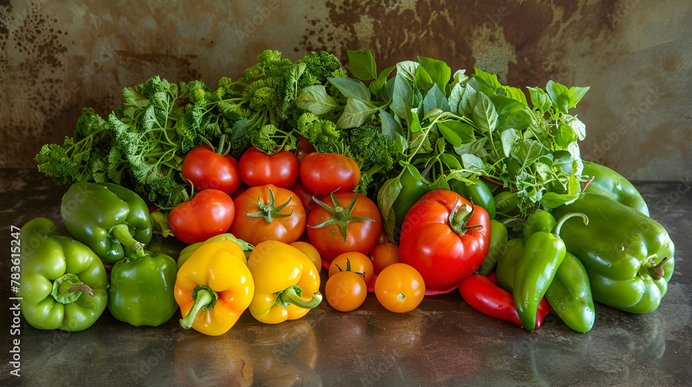 fresh vegetables with peppers, tomatoes and ,Fresh vegetables. Red and llelow bell pepper, celery tomatoes parsleyspinach mangold on wooden rustic background,Fresh vegetable mix