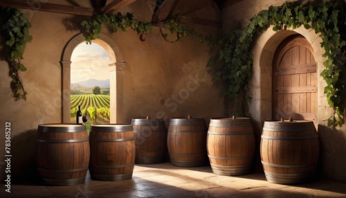 Wooden barrels line an old-world wine cellar with an open archway revealing a lush vineyard landscape bathed in sunlight. AI Generation © Anastasiia