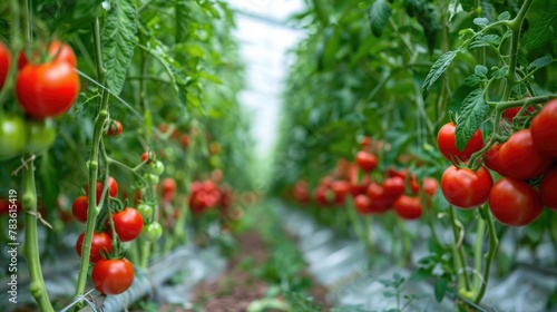 row of red tomato plants in greenhouse. generative ai