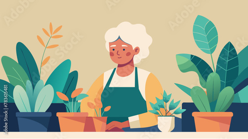 A photograph of an elder woman surrounded by a variety of potted plants her nurturing posture and peaceful expression reflecting the theutic