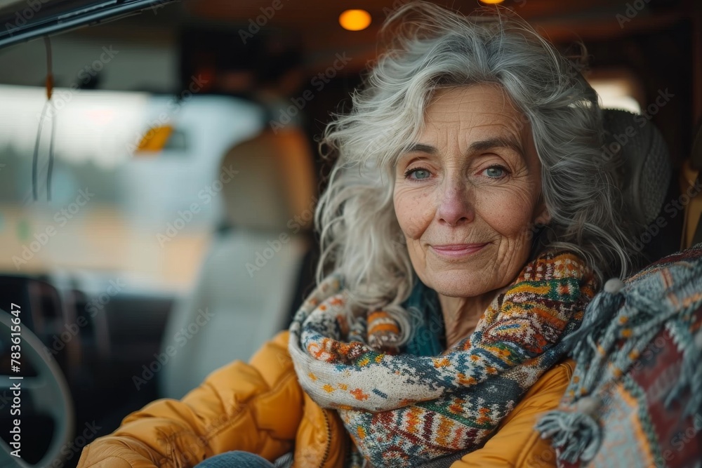 Serene senior woman in warm attire with a scarf sits comfortably in a vehicle's passenger side Serene senior woman in warm attire with a scarf sits comfortably in a vehicle's passenger side