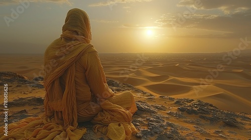 Exploring the depths of self in a tranquil desert, amid sand dunes whispering tales of solitude and inner revelations.