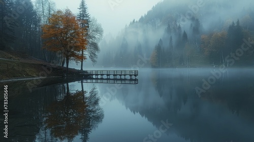 Contemplating ethereal visions mirrored in tranquil lake waters, seeking spiritual truths amidst dreamy reflections. photo
