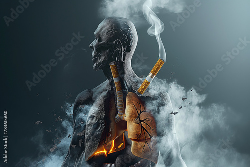 Visual concept for No Smoking Day  capturing the detrimental impact of cigarettes on the lungs and the human body. Health Effects  Smoking causes cancer  heart disease  stroke  lung diseases  emphysem