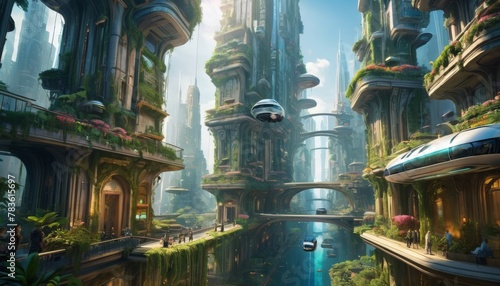 An imaginative portrayal of a utopian future cityscape with lush greenery and advanced flying vehicles between towering structures.. AI Generation