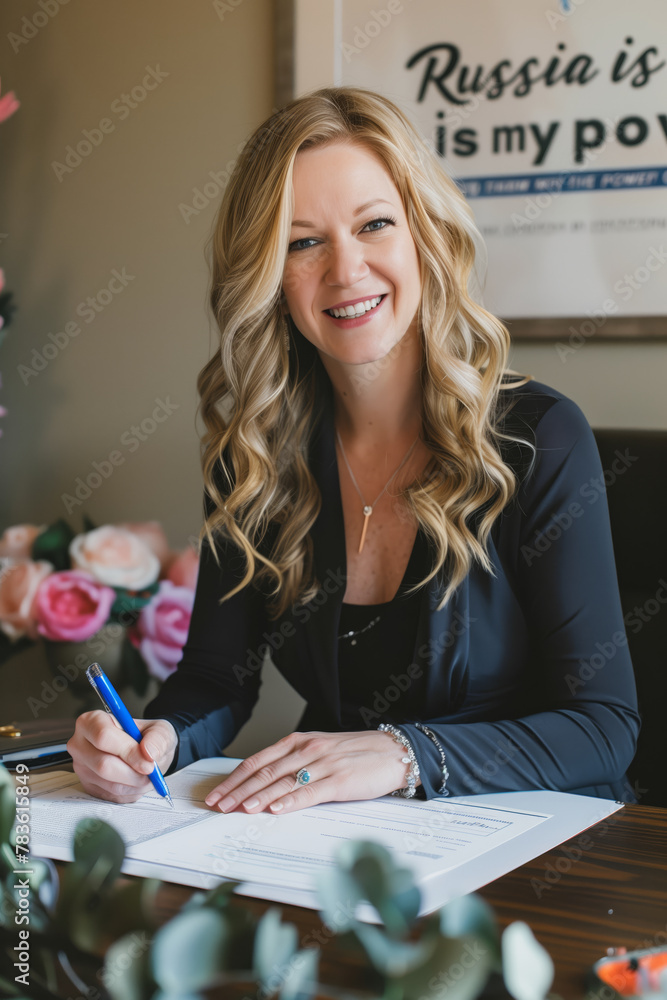 Fototapeta premium Gorgeous blonde Russian lady late thirties sitting office desk and signing papers, documents like contract, deal or agreement. Businesswoman in black business attire gives her signature.