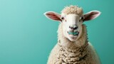 A cheerful sheep with vibrant braces smiling widely, set against a soft solid color background, perfect for dental ads