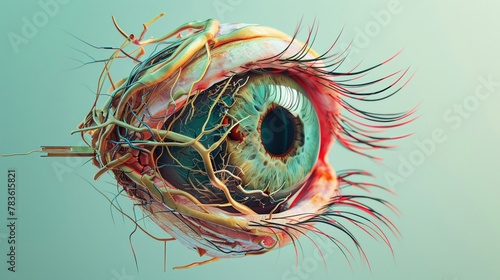 3D rendering of an eye, dissected to show intricate internal anatomy, presented against a clean, solid color backdrop photo