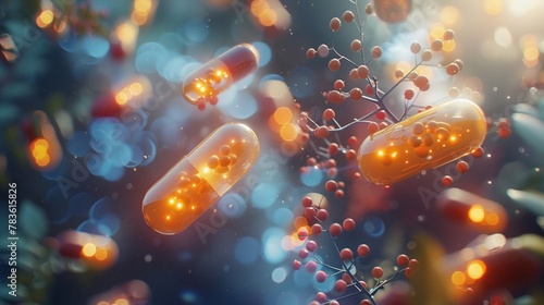 3D visualization of immune support vitamins, featuring glowing vitamin D, Zinc capsules, and elderberry extracts on a dynamic background