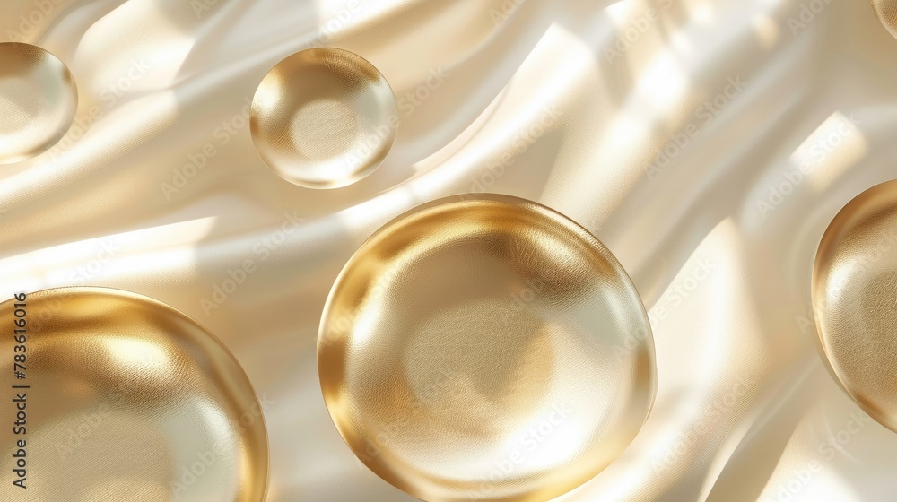 Glittering gold circles casting lite shadows on a white abstract luxury background, radiant and shiny Glittering gold circles casting lite shadows on a white abstract luxury background, radiant and shiny