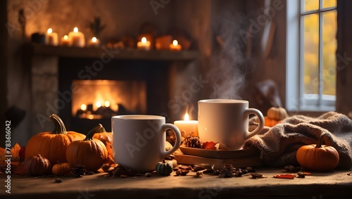 "Illustrate a cozy autumn evening scene featuring two mugs of steaming coffee placed on a wooden table by a fireplace. The mugs should be depicted in crisp detail, with steam rising gently from the ri