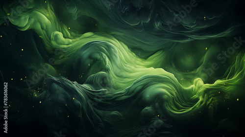 Dark abstract background. Flow of green paint with bubbles and lumps. Dark green liquid, abstract 3D background. AI generative