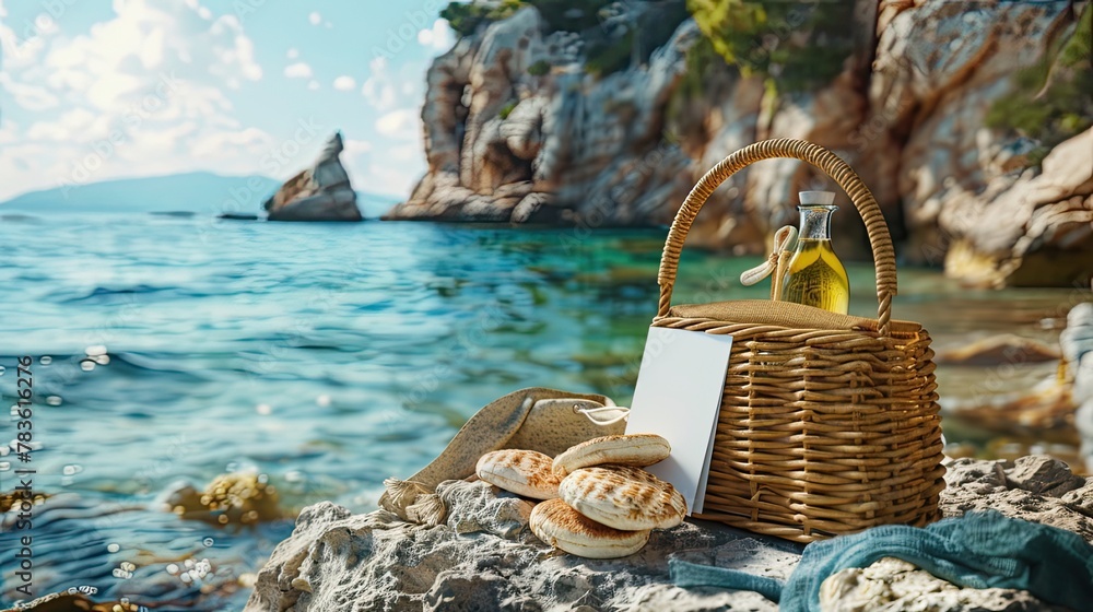 a Mediterranean summer picnic with a stunning photograph showcasing a straw bag adorned with pita bread, olive oil, and a white card, nestled on the rocky shores of an island under the warm sun.