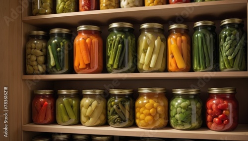 A neatly organized pantry shelf showcasing jars of various pickled vegetables in a soft, ambient light. AI Generation