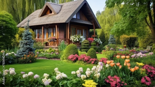 Spring garden thatched cottage