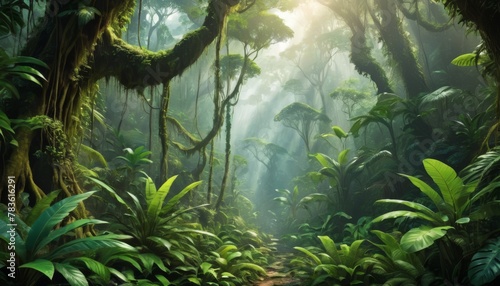 A mysterious pathway leads through a dense rainforest  with sunlight filtering through the misty canopy above lush  verdant foliage  inviting exploration and wonder.. AI Generation
