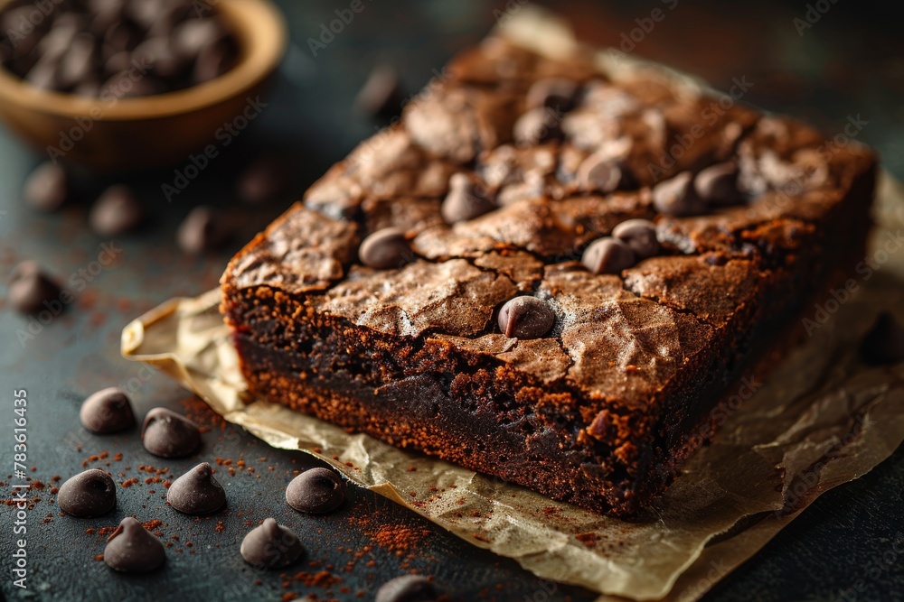 A fragrant homemade chocolate brownie with melted chips on top lies on parchment, inviting a bite A fragrant homemade chocolate brownie with melted chips on top lies on parchment, inviting a bite