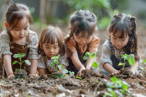 Group of young girls carefully planting small seedlings in a garden, exhibiting teamwork