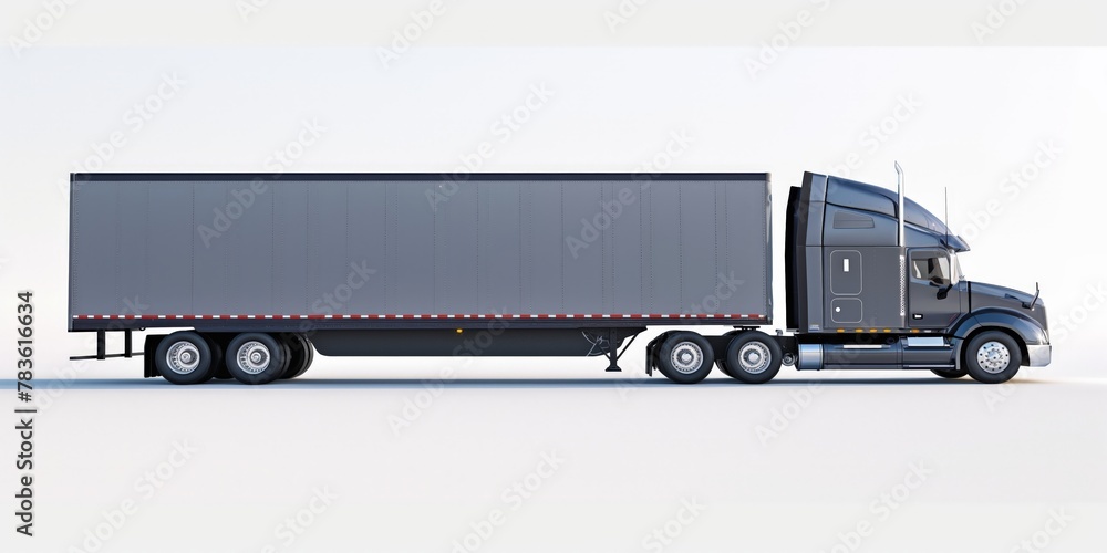 Side view of a contemporary blue semi truck equipped with a large trailer, isolated on a white background for logistics concepts.