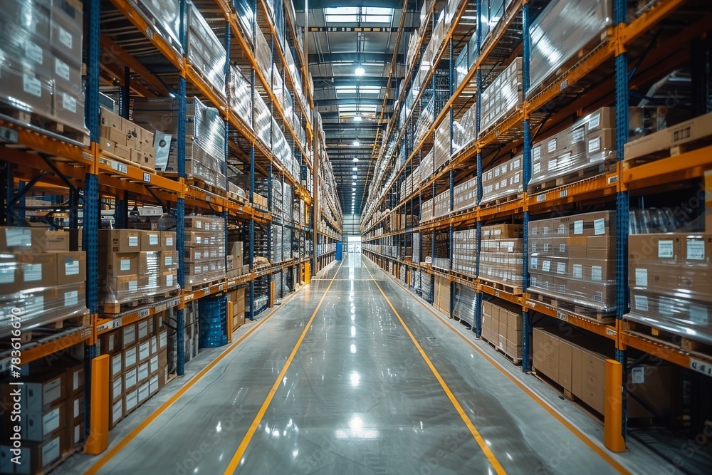 Wide-angle view of a warehouse interior with neatly organized aisles, shelves stocked with boxes, and bright lighting