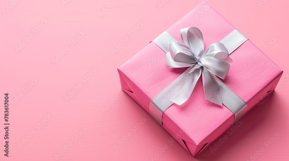 a pink gift box adorned with a silver ribbon, set against a soft pastel pink background, showcasing a minimalist concept in a flat lay view. a pink gift box adorned with a silver ribbon, set against a soft pastel pink background, showcasing a minimalist concept in a flat lay view.