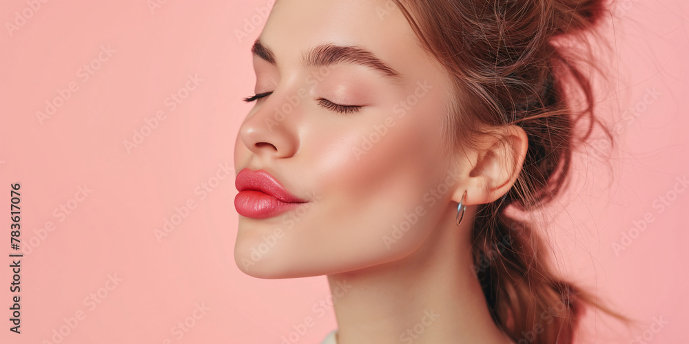 Sublime Close-up of Elegant Woman with Glossy Pink Lips and Subtle Makeup Sublime Close-up of Elegant Woman with Glossy Pink Lips and Subtle Makeup