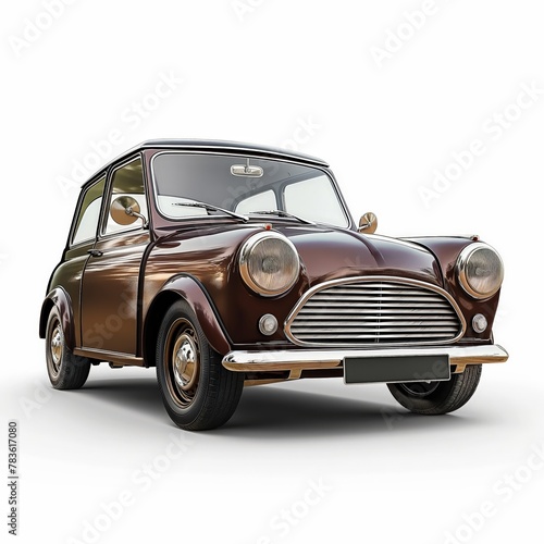 A shiny classic brown mini car  captured against a clean white backdrop  embodies vintage automotive design.