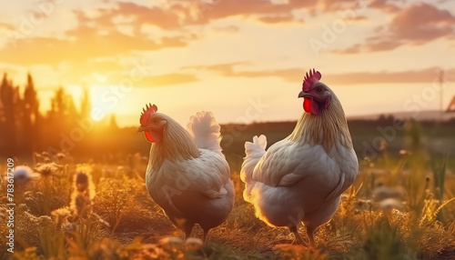 Free-range chickens in an eco farm at sunset © terra.incognita