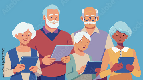 A group of techsavvy seniors creatively using iPads to create digital art and share it with their grandchildren.