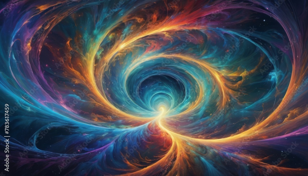 Abstract artwork portraying a cosmic swirl of vibrant colors creating a mesmerizing vortex that suggests a dynamic celestial event or interstellar journey.. AI Generation Abstract artwork portraying a cosmic swirl of vibrant colors creating a mesmerizing vortex that suggests a dynamic celestial event or interstellar journey.. AI Generation