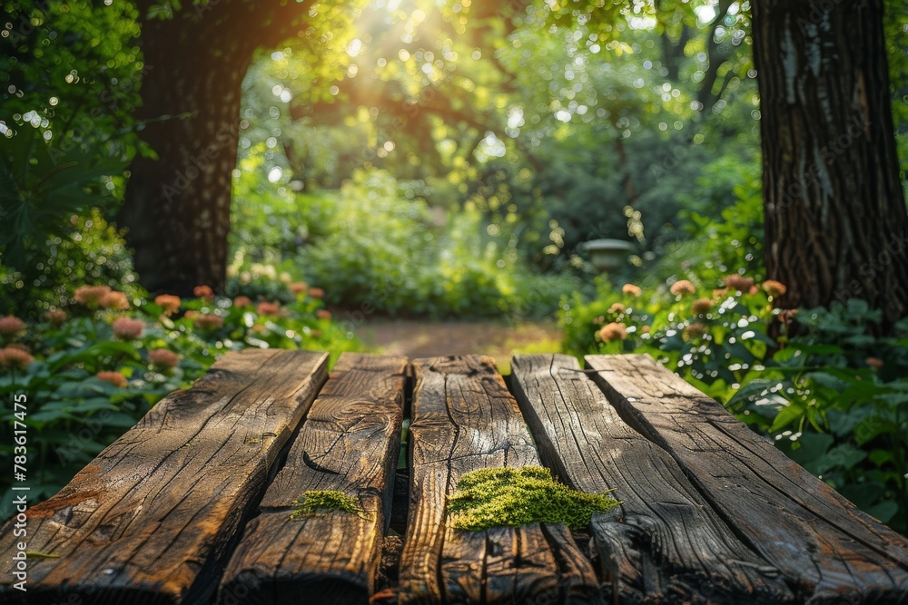 A wooden table in a verdant garden sets a scene of natural tranquility with sunlight filtering through foliage A wooden table in a verdant garden sets a scene of natural tranquility with sunlight filtering through foliage