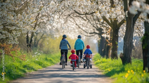 A group of people enjoy cycling on their bicycles through a beautiful natural landscape, surrounded by trees, grass, and plants. AIG41