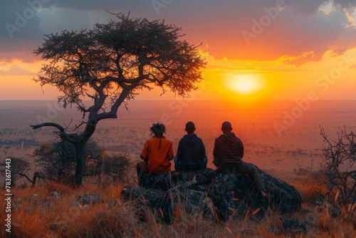 Three friends sit against an African tree silhouette with a stunning sunset background  reflecting on life and the beauty of nature