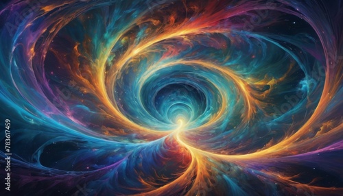 Abstract artwork portraying a cosmic swirl of vibrant colors creating a mesmerizing vortex that suggests a dynamic celestial event or interstellar journey.. AI Generation