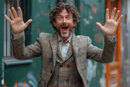 Energetically expressive man wearing a tweed jacket with a surprised look and hands raised
