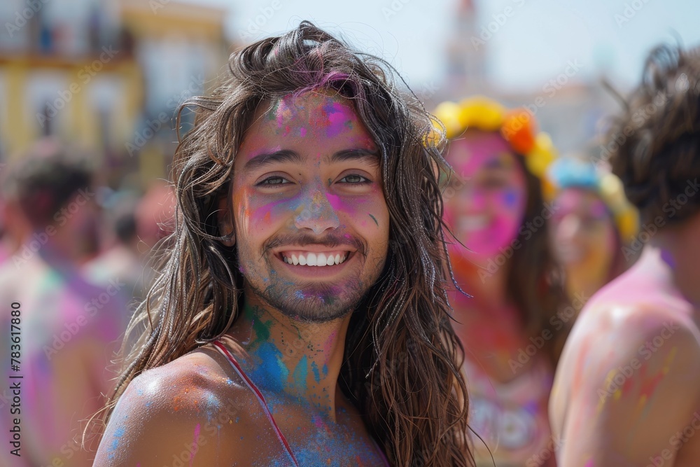 A young man covered in colorful Holi powder smiling joyously at the camera during a vibrant festival A young man covered in colorful Holi powder smiling joyously at the camera during a vibrant festival
