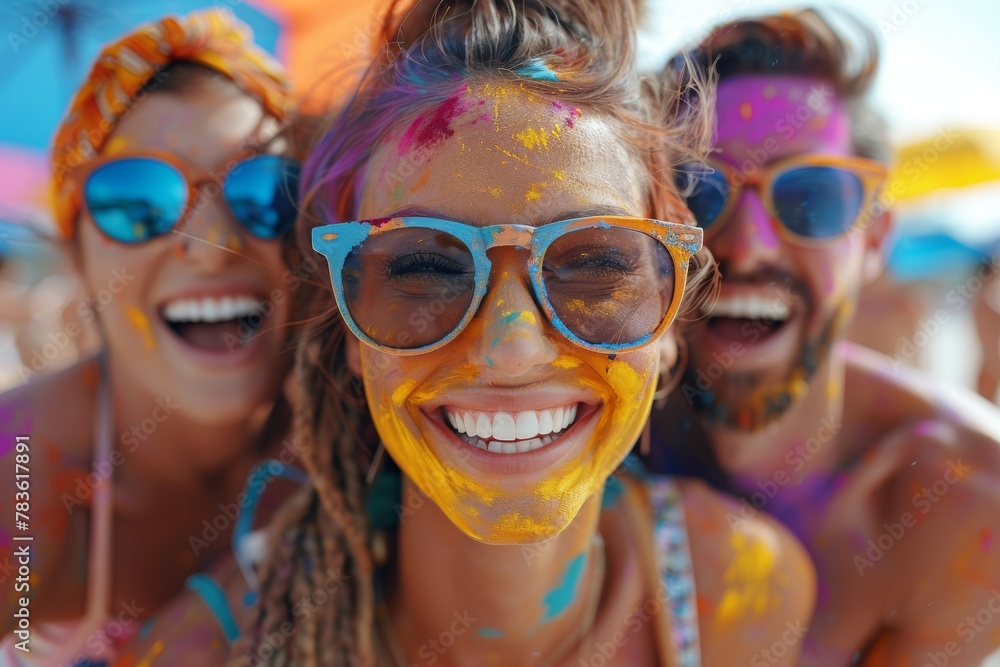 An energetic group of friends laughing and covered in Holi paint, close-up with fun sunglasses on An energetic group of friends laughing and covered in Holi paint, close-up with fun sunglasses on