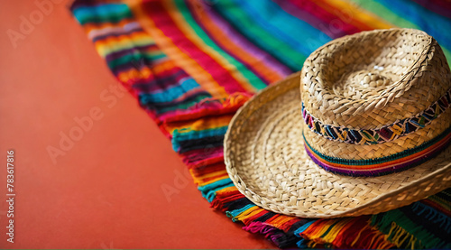 Mexican straw party sombrero hat on a colorful poncho. Cinco de Mayo holiday background