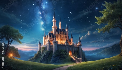 A majestic fairytale castle sits atop a lush hill, its spires reaching towards a star-filled sky, with a warm glow inviting visitors.. AI Generation
