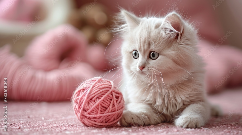 a white kitten as it plays gleefully with a pink ball of yarn against a soft pastel background, ensuring high-quality imagery that embodies pure joy. a white kitten as it plays gleefully with a pink ball of yarn against a soft pastel background, ensuring high-quality imagery that embodies pure joy.
