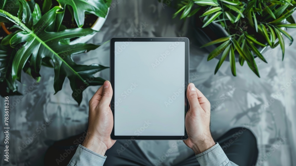 Two hands holding a white blank Tablet Two hands holding a white blank Tablet