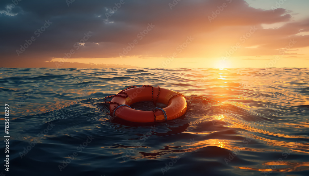 Lifebuoy in the sea at sunset without people