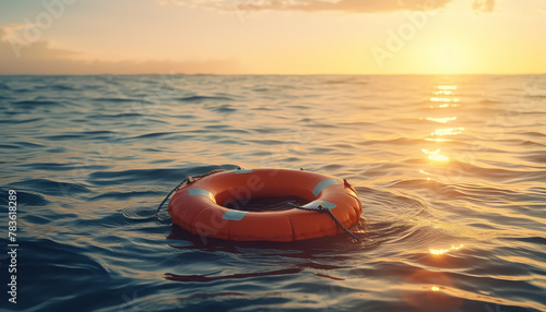 Lifebuoy in the sea at sunset without people