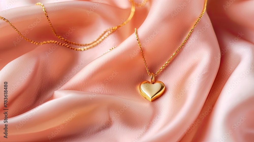 a golden necklace adorned with a heart pendant, set against a soft pink fabric background, in a simple yet feminine composition accentuated by the gentle glow of sunny light. a golden necklace adorned with a heart pendant, set against a soft pink fabric background, in a simple yet feminine composition accentuated by the gentle glow of sunny light.