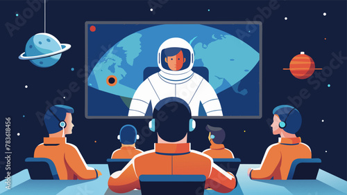 In the communication room a group of astronauts sit in front of a large screen displaying a live video call with their families on Earth.