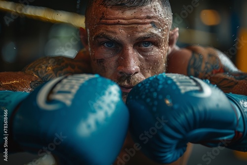 A close-up of a boxer's tattooed arms as he trains, the intense focus and detail in each muscle captured with dramatic lighting photo