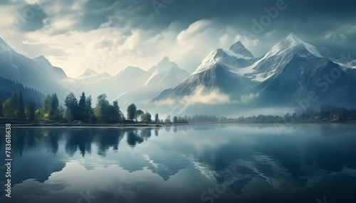 Landscape of winter mountains and lake