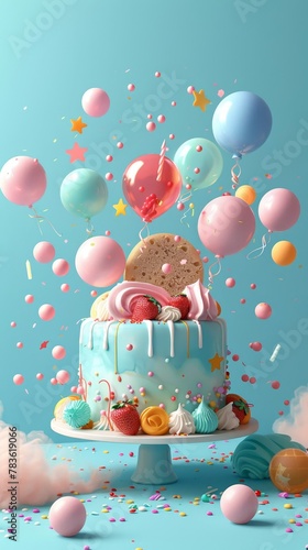 Modern birthday cake with unique decorations 3d style isolated flying objects memphis style 3d render AI generated illustration